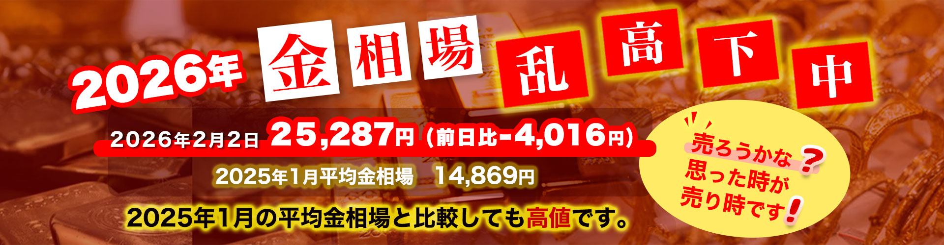 Japanese promotional banner about the gold market (2026) with large red bold numbers and a yellow speech bubble asking 'Is this a good time to sell? Sell when you think so!' highlighting prices like 25,287円 and 14,869円 (2025 average).